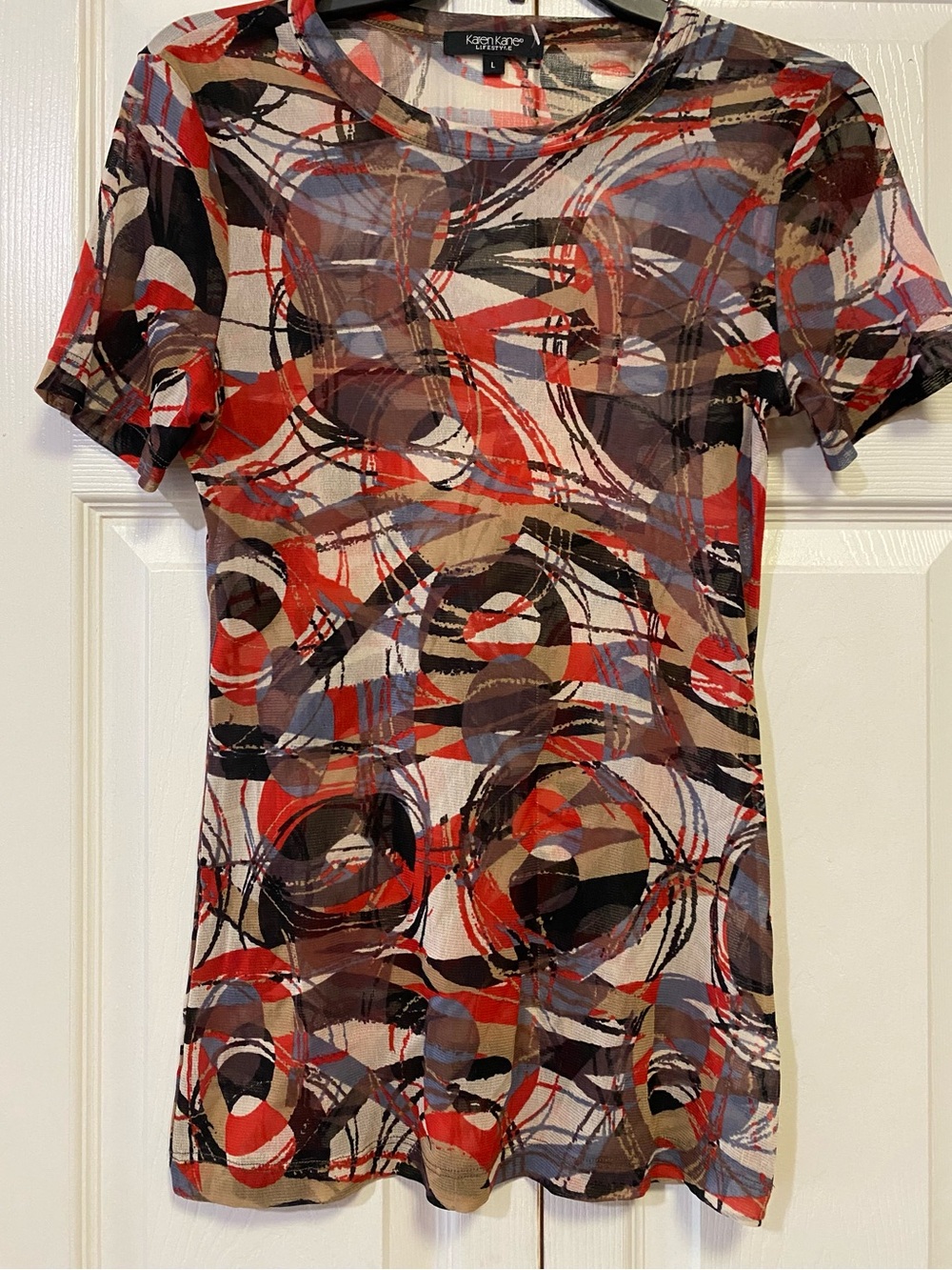 Karen Kane Abstract Print Short Sleeve Top - Red, Black, Taupe (L)